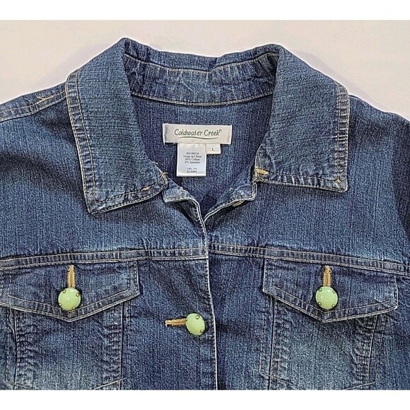 Coldwater Creek Denim Jacket Green Jeweled Buttons Southwestern Boho Size Large - Picture 3 of 14